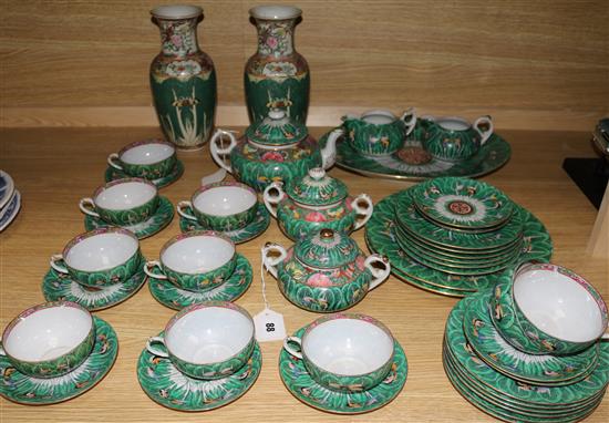 Modern Chinese famille verte part tea service, with a pair of matching vases and a similar later sucrier